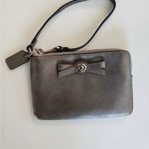 Coach Metallica Gunmetal Silver Leather Turnlock Bow Wristlet Wallet Clutch